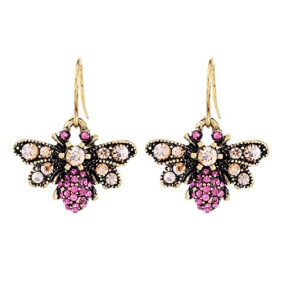 Goldtone Pink Crystal Bee Earrings